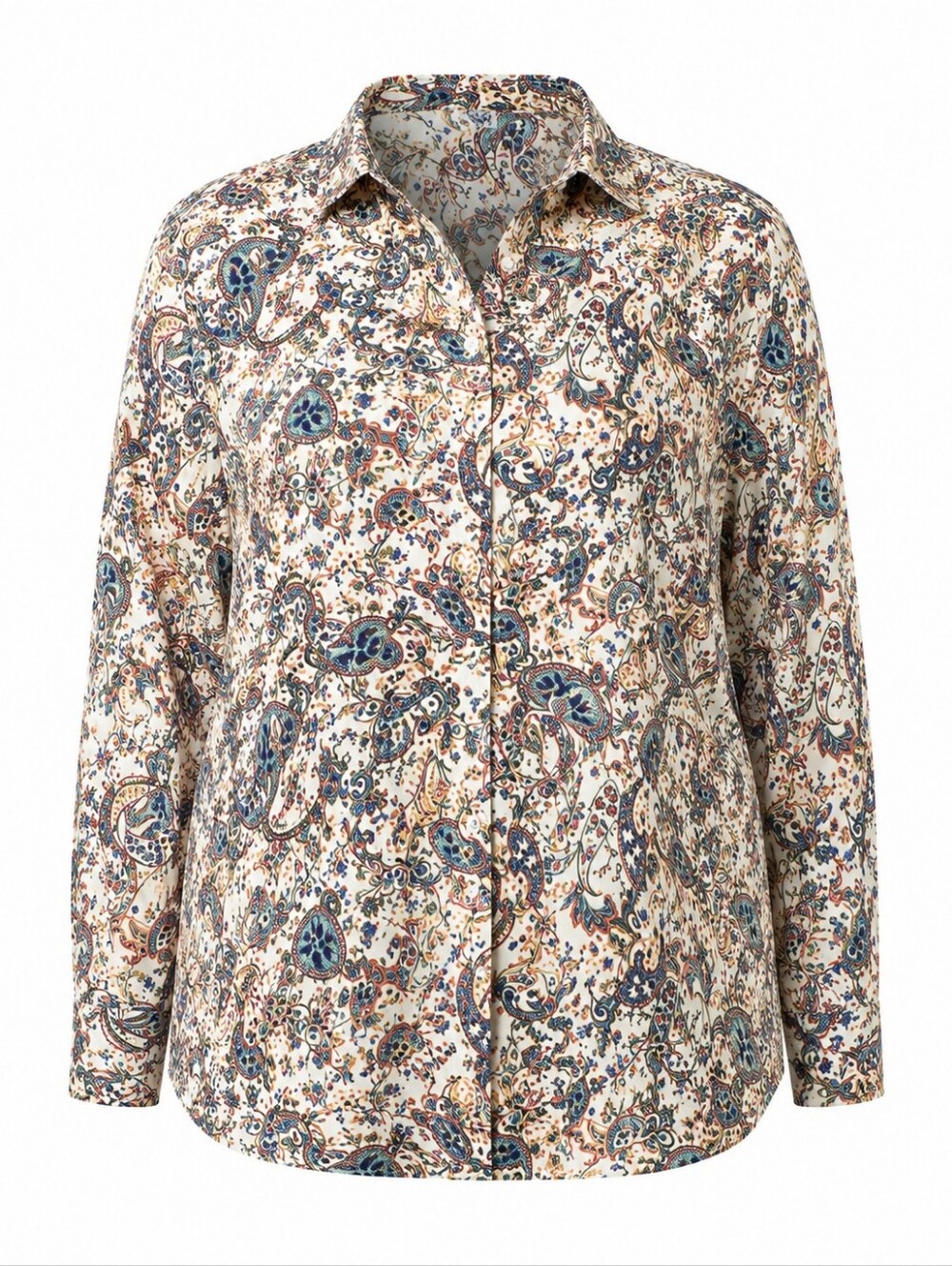In Every Story Women's Plus Size Cream Blue Paisley Long Sleeve Button Down 5X